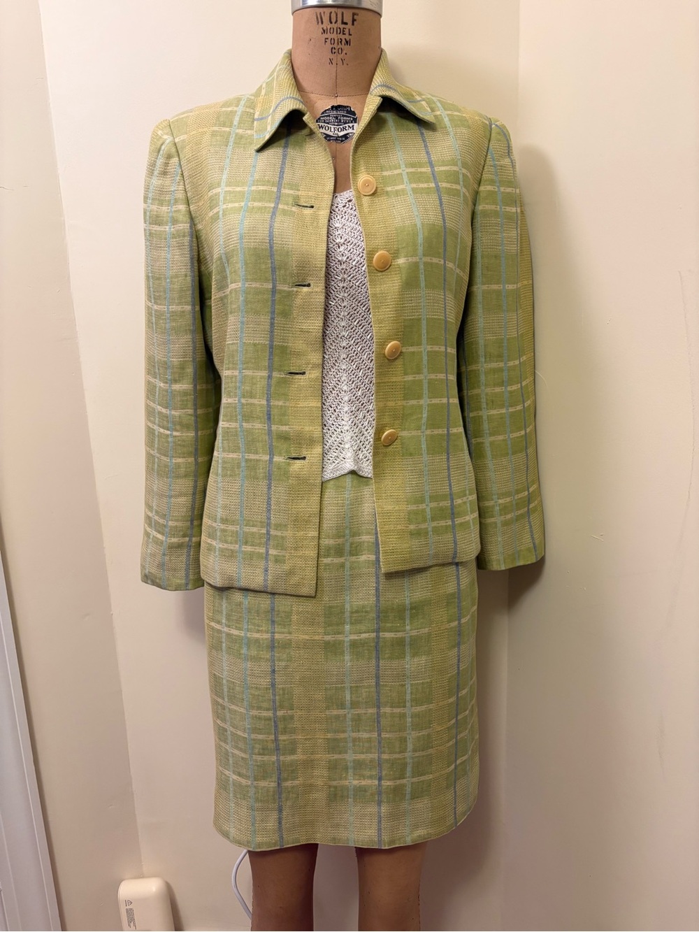 Vintage Carlisle Light Green Linen Skirt Suit with Light Blue Plaid